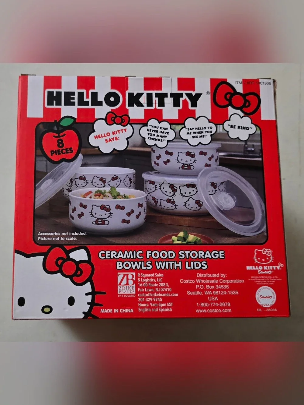 Hello Kitty Ceramic Food Storage Bowls with Lids - White and Red (8 Pieces)